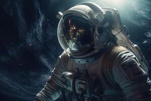 Astronaut on a rock surface with a space background. an astronaut standing on the lone planet with him looking forward. photo