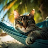 cute cat lying in hammock on beach with palm trees. Cute cat on vacation lying in hammock on beach with palm trees. . photo
