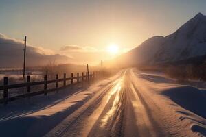 Snowy and frozen mountain road in winter landscape. . photo