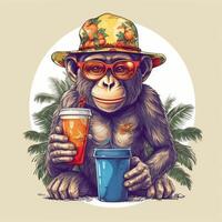 Illustration of Monkey in sunglasses and cap drinks juice in Summer Season. . photo