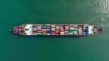 Aerial top view of cargo maritime ship with contrail in the ocean ship carrying container and running for export concept technology freight shipping by ship forwarder mast. . photo