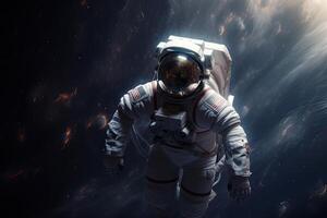 Astronaut on a rock surface with a space background. an astronaut standing on the lone planet with him looking forward. photo