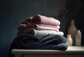 Stack of towels with a soap dispenser in a bathroom closeup. . photo