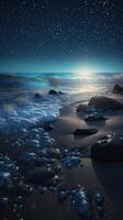 Fluorescent Sea reflected in the starry sky. . photo