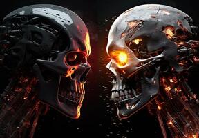 Two skulls terminator look at each other black background. . photo