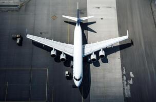 un parte superior aéreo ver de un aeropuerto terminal y pista con estacionado comercial aviones siendo cargado con suministros y pasajeros negocio y viajar. generativo ai. foto