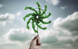 hand holding a green pinwheel in one hand. Hand holding a green pinwheel with blue sky background. . photo