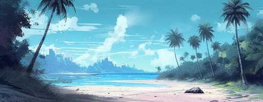Sky and sun at sea background, ocean and beach island scenery empty cartoon. Ocean or sea water with waves and clouds in sky summer blue seascape with cloudy sky and seaside. photo