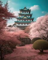 Japanese castle and Beautiful pink cherry blossom. . photo