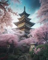 Japanese castle and Beautiful pink cherry blossom. . photo