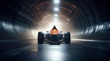 futurista Deportes coche en carretera. poderoso aceleración de un superdeportivo en un noche pista con luces y caminos. 3d ilustración. generativo ai. foto