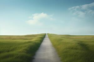 The landscape of grass fields and blue sky road leading off into the distance. . photo