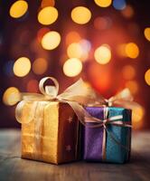 Christmas presents wrapped in red paper with gold ribbon on wooden table background and bokeh. Place for typography and logo. Copy space. . photo