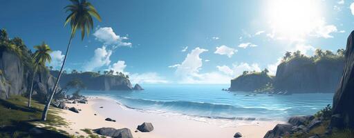 Sky and sun at sea background, ocean and beach island scenery empty cartoon. Ocean or sea water with waves and clouds in sky summer blue seascape with cloudy sky and seaside. photo