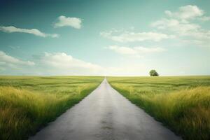 The landscape of grass fields and blue sky road leading off into the distance. . photo