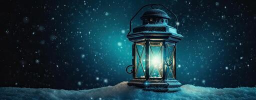 Large vintage white street lamp standing on the snow. Festive Christmas winter decoration. Copy space. . photo