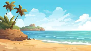 Sky and sun at sea background, ocean and beach island scenery empty cartoon. Ocean or sea water with waves and clouds in sky summer blue seascape with cloudy sky and seaside. photo