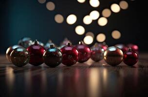 Close up view of beautiful with shiny gold bauble or ball, xmas ornaments and lights, christmas holidays background. . photo