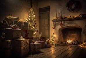 clásico Navidad composición. caja con velas, pelotas, juguetes, pino conos, nueces en de madera antecedentes. generativo ai. foto