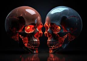 Two skulls terminator look at each other black background. . photo