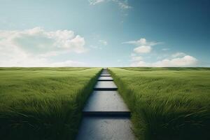 The landscape of grass fields and blue sky road leading off into the distance. . photo