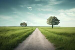 The landscape of grass fields and blue sky road leading off into the distance. . photo