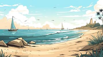 Sky and sun at sea background, ocean and beach island scenery empty cartoon. Ocean or sea water with waves and clouds in sky summer blue seascape with cloudy sky and seaside. photo