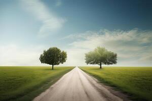 The landscape of grass fields and blue sky road leading off into the distance. . photo