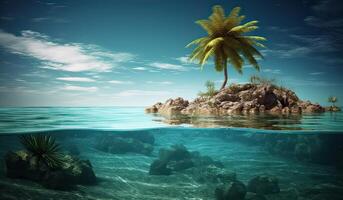 Tropical Island And Coral Reef - Split View With Waterline. Beautiful underwater view of lone small island above and below the water surface in turquoise waters of tropical ocean. . photo