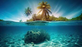 tropical isla y coral arrecife - división ver con línea del agua. hermosa submarino ver de solitario pequeño isla encima y abajo el agua superficie en turquesa aguas de tropical océano. generativo ai. foto