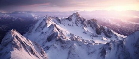 Aerial View from Airplane of Snow Covered Mountain Landscape in Winter. Colorful Pink Sky Art Render. . photo