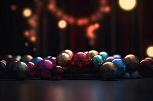 Close up view of beautiful with shiny gold bauble or ball, xmas ornaments and lights, christmas holidays background. . photo