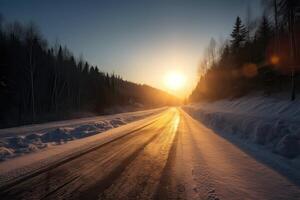 Snowy and frozen mountain road in winter landscape. . photo