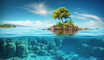 Tropical Island And Coral Reef - Split View With Waterline. Beautiful underwater view of lone small island above and below the water surface in turquoise waters of tropical ocean. . photo