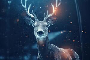 A deer with Christmas decoration in the winter forest. . photo