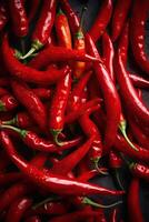 Red hot chilli peppers pattern texture background. Close up. A backdrop of Red hot chilli peppers. . photo