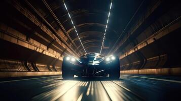 Futuristic Sports Car On Highway. Powerful acceleration of a supercar on a night track with lights and trails. 3d illustration. . photo