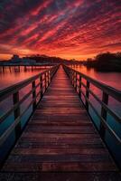 de madera tablón pasarela líder a un hermosa puesta de sol en el lago. generativo ai. foto