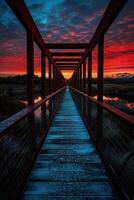 de madera tablón pasarela líder a un hermosa puesta de sol en el lago. generativo ai. foto