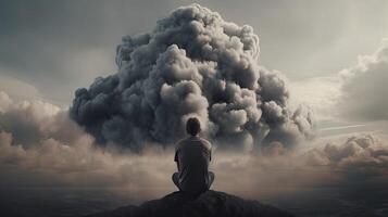 man with his head in his hand. Illustration of man with a big cloud over his head, surreal abstract concept. . photo