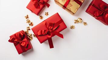Christmas composition. Gifts, red decorations on white background. Christmas, winter, new year concept. Flat lay, top view, copy space. . photo