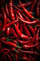 Red hot chilli peppers pattern texture background. Close up. A backdrop of Red hot chilli peppers. . photo