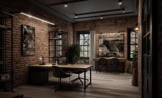 Modern office Interior with old vintage brick Wall. Art work business space. . photo