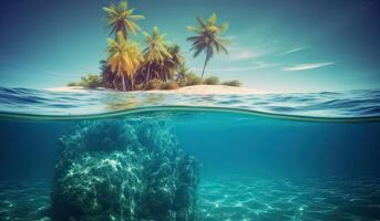 Tropical Island And Coral Reef - Split View With Waterline. Beautiful underwater view of lone small island above and below the water surface in turquoise waters of tropical ocean. . photo