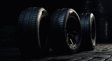 New car tires. Group of road wheels on dark background. Summer Tires with asymmetric tread design. Driving car concept. . photo