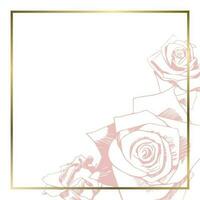 Vector square background with pink silhouette roses and golden frame