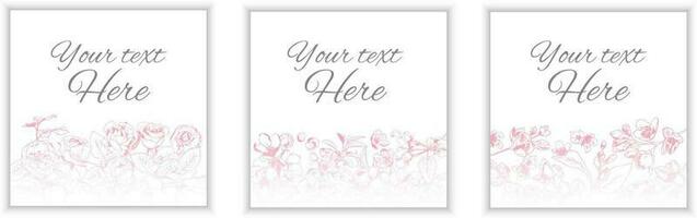 Set of three vector greeting card templates with pastel colored flowers on white background