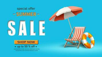 Vector summer sale banner template. Horizontal orientation. With sunbed and umbrella on blue background.
