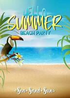 Vector summer party banner template with exotic flowers and tukan bird. Vertical orientation.