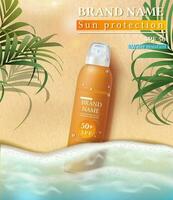 Vector summer sunscreen protection banner with sunscreen bottle on the sand  with sunbeams and tropical leaves and waves of the ocean.